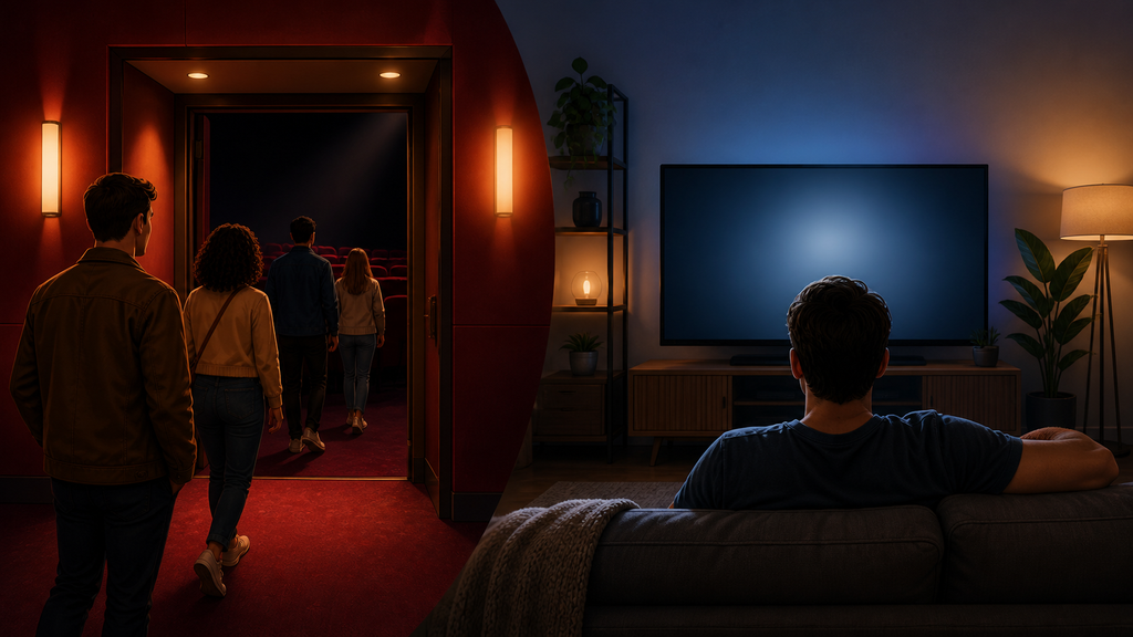 Comparação entre ir ao cinema e acompanhar conteúdo em uma tela doméstica.