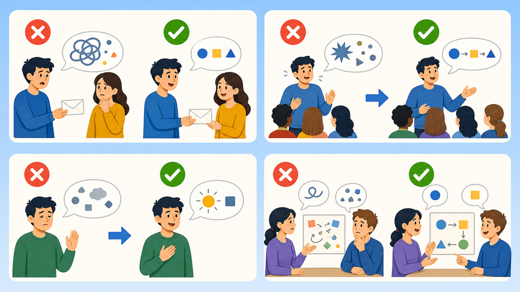 Correções de quatro erros com say, tell, speak e talk.