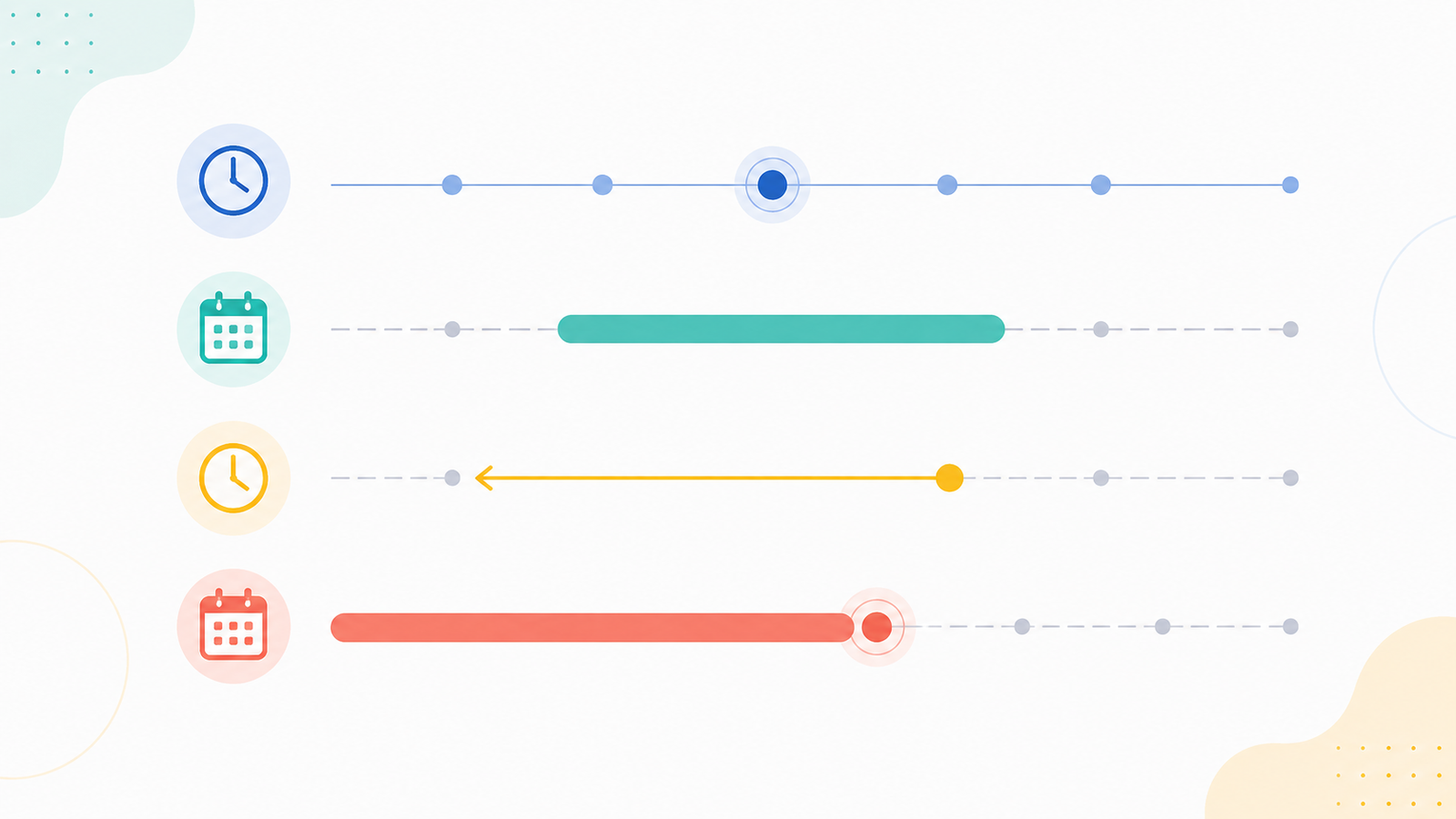 Quatro linhas do tempo ilustrando evento, ação em curso, anterioridade e duração nos tempos verbais em inglês.
