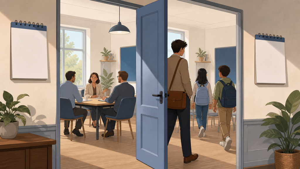 Pessoa comparece a uma reunião e estudantes frequentam aulas em dias