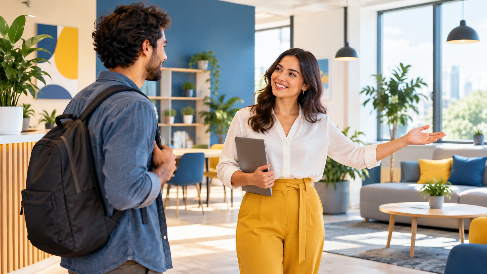 Duas pessoas iniciam uma conversa breve e cordial em inglês.