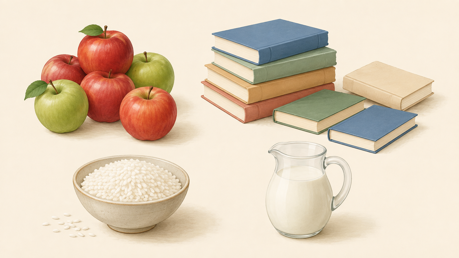 Ilustração de maçãs, livros, arroz e leite para representar substantivos contáveis e incontáveis.