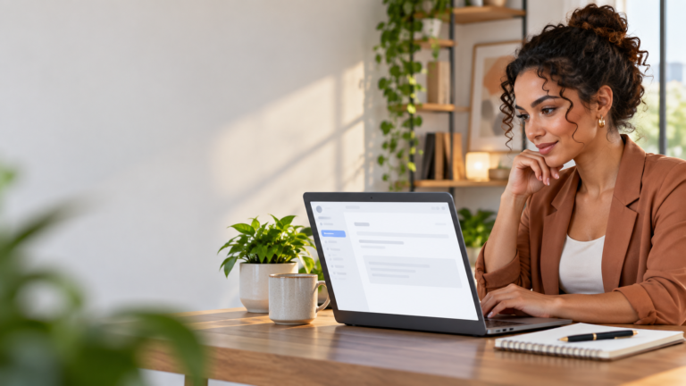 Pessoa revisando e-mail de trabalho em inglês antes do envio.