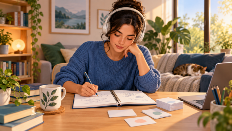 Pessoa estudando inglês com caderno, fones e cartões de revisão.