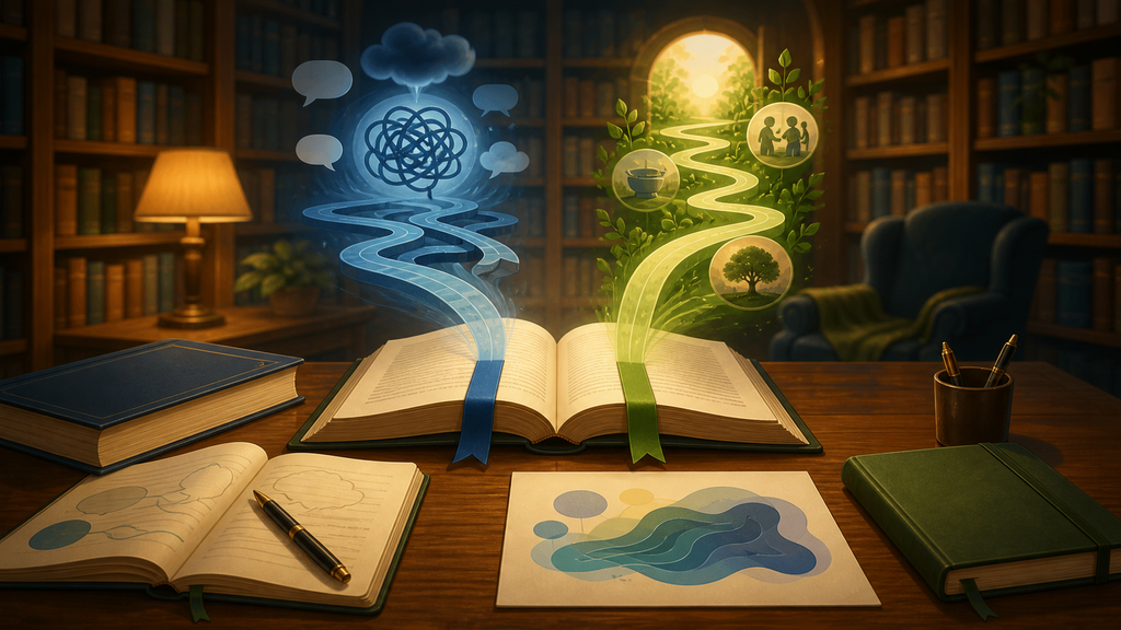 Livro, periódico, registro e dados em um ambiente acadêmico.