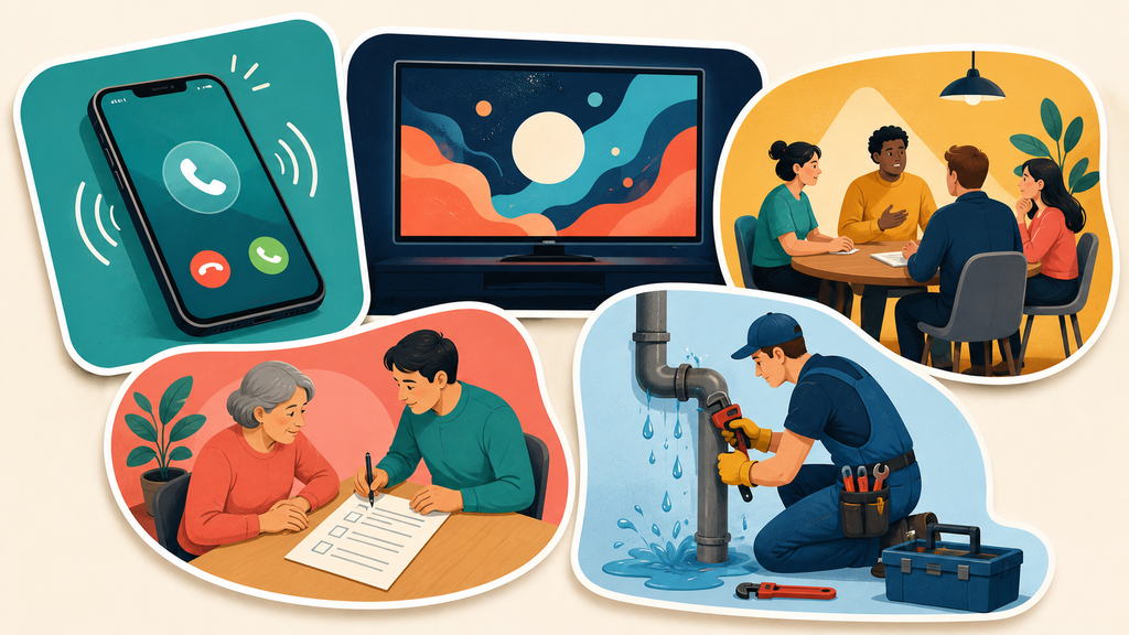 Situações de telefone, filme, reunião, ajuda e reparo usadas nos exercícios de verbos.