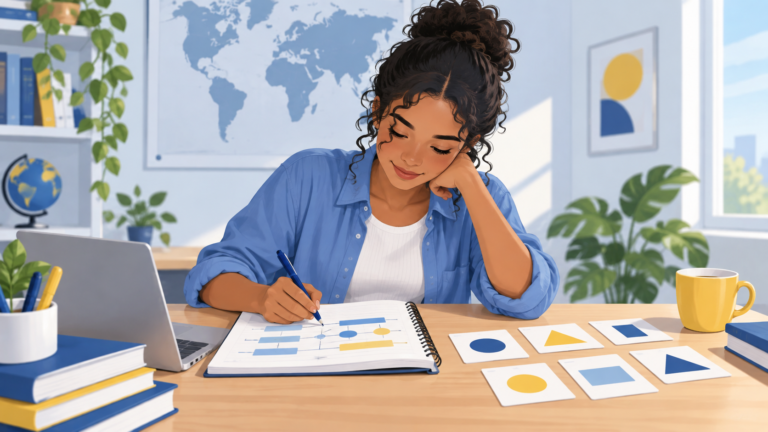 Ilustração sobre explain me ou explain to me, com estudante reorganizando a estrutura de uma frase em inglês.