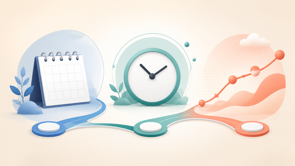 Calendário, relógio e linha temporal representam diferentes formas de falar do presente em inglês.
