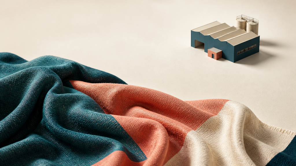 Amostra de tecido diante de um prédio industrial genérico diferencia fabric de factory.