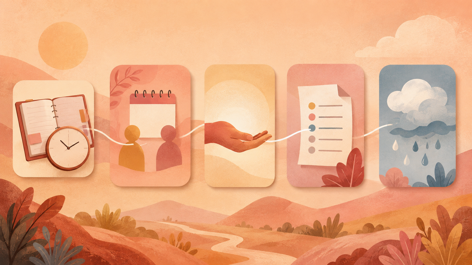 Cartões ilustrados representando agenda, arranjo, promessa, intenção e previsão para falar do futuro em inglês.