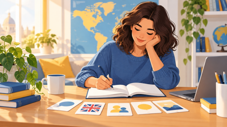 Ilustração de uma pessoa estudando idade em inglês com materiais de gramática.