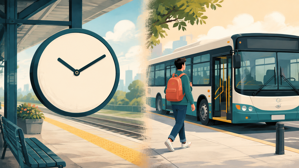 Ilustração de pontualidade e de chegada a tempo antes de um ônibus partir.