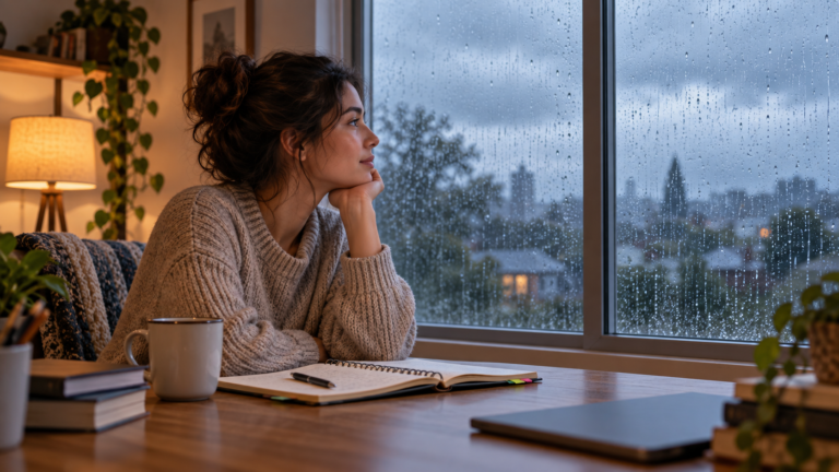 Pessoa observando a chuva pela janela enquanto estuda inglês.