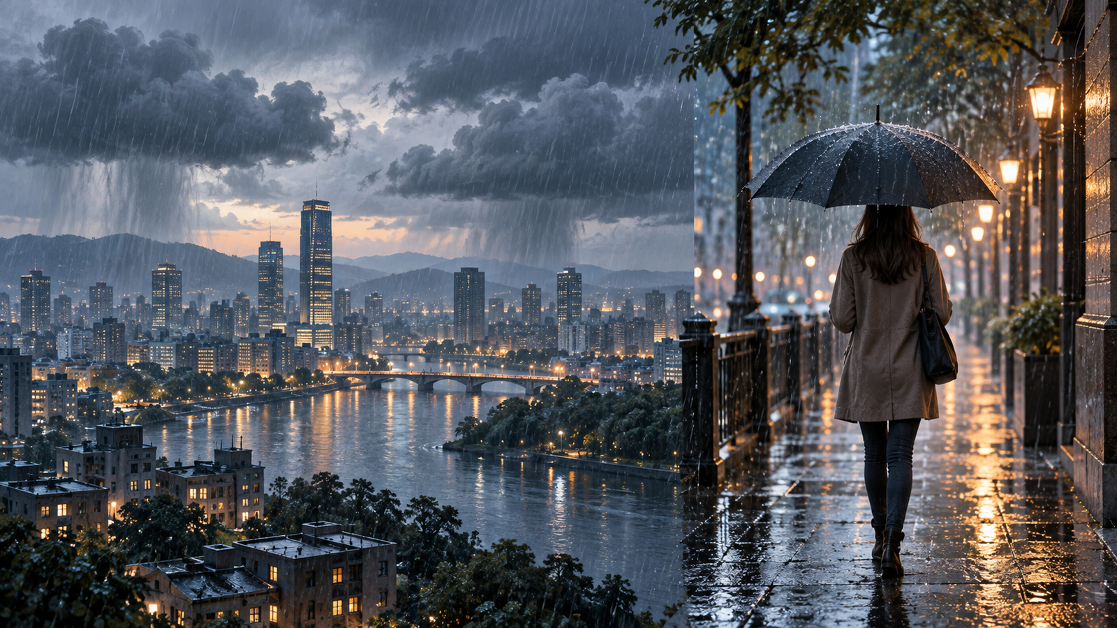 Comparação visual entre chuva frequente em uma cidade e chuva acontecendo naquele momento.