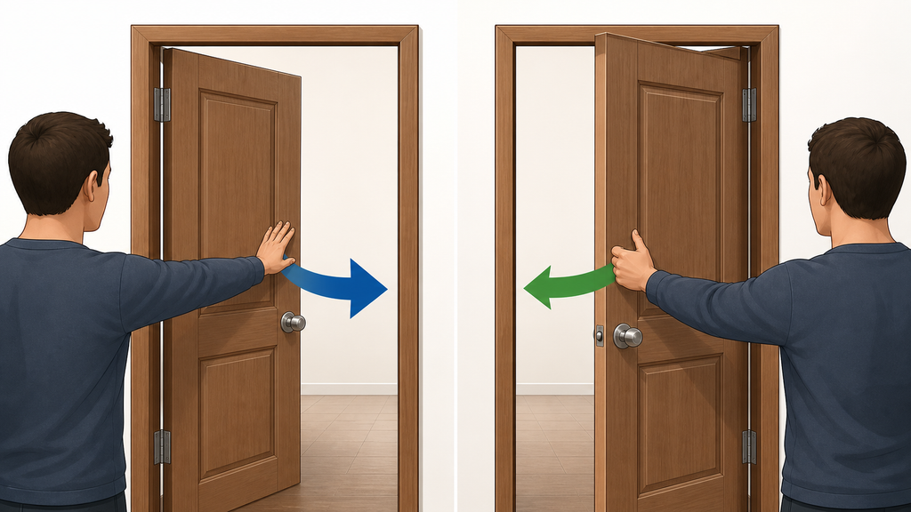 Dois quadros mostram uma porta sendo afastada e trazida para perto de quem a abre