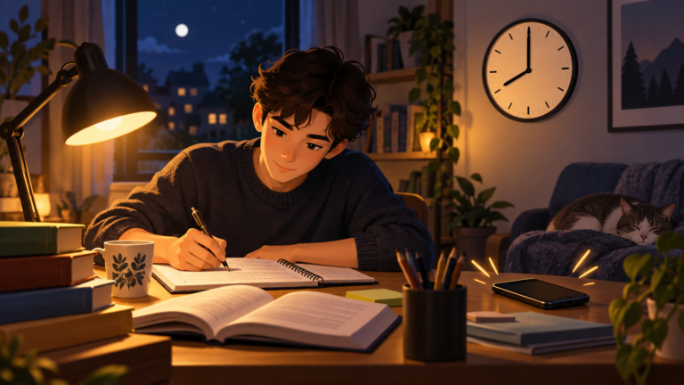 Estudante escrevendo às oito da noite enquanto um telefone toca, representando uma ação em andamento no passado.