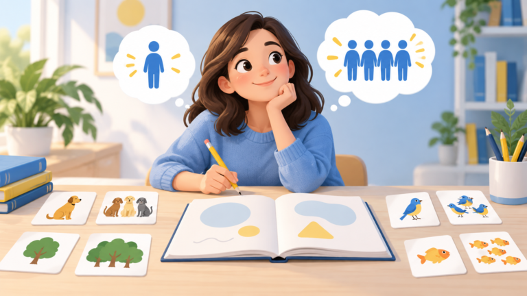 Ilustração de materiais de estudo de inglês com símbolos de uma pessoa e várias pessoas.