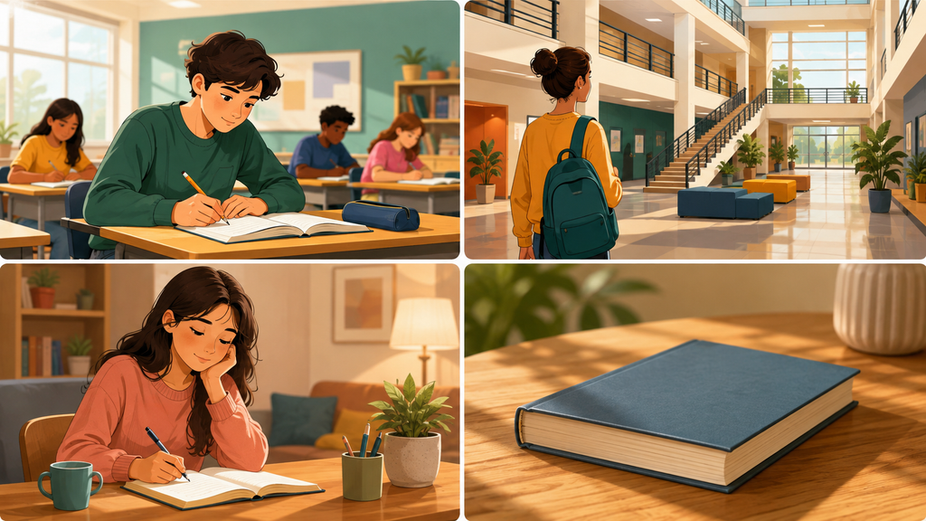 Cenas com atividade escolar, interior do prédio, pessoa junto à mesa e livro sobre a mesa