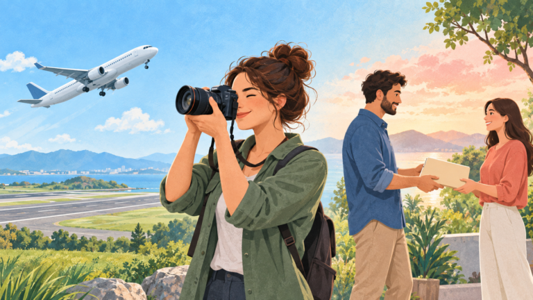 Ilustração de avião decolando, pessoa iniciando fotografia e troca de responsabilidade para representar phrasal verbs com take.