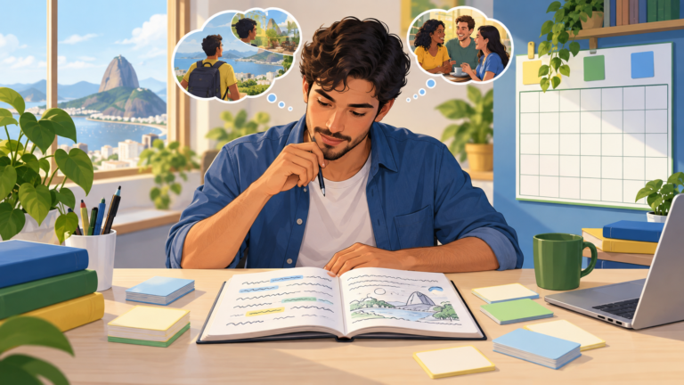 Estudante analisa uma frase em inglês no caderno com cartões e calendário de revisão.