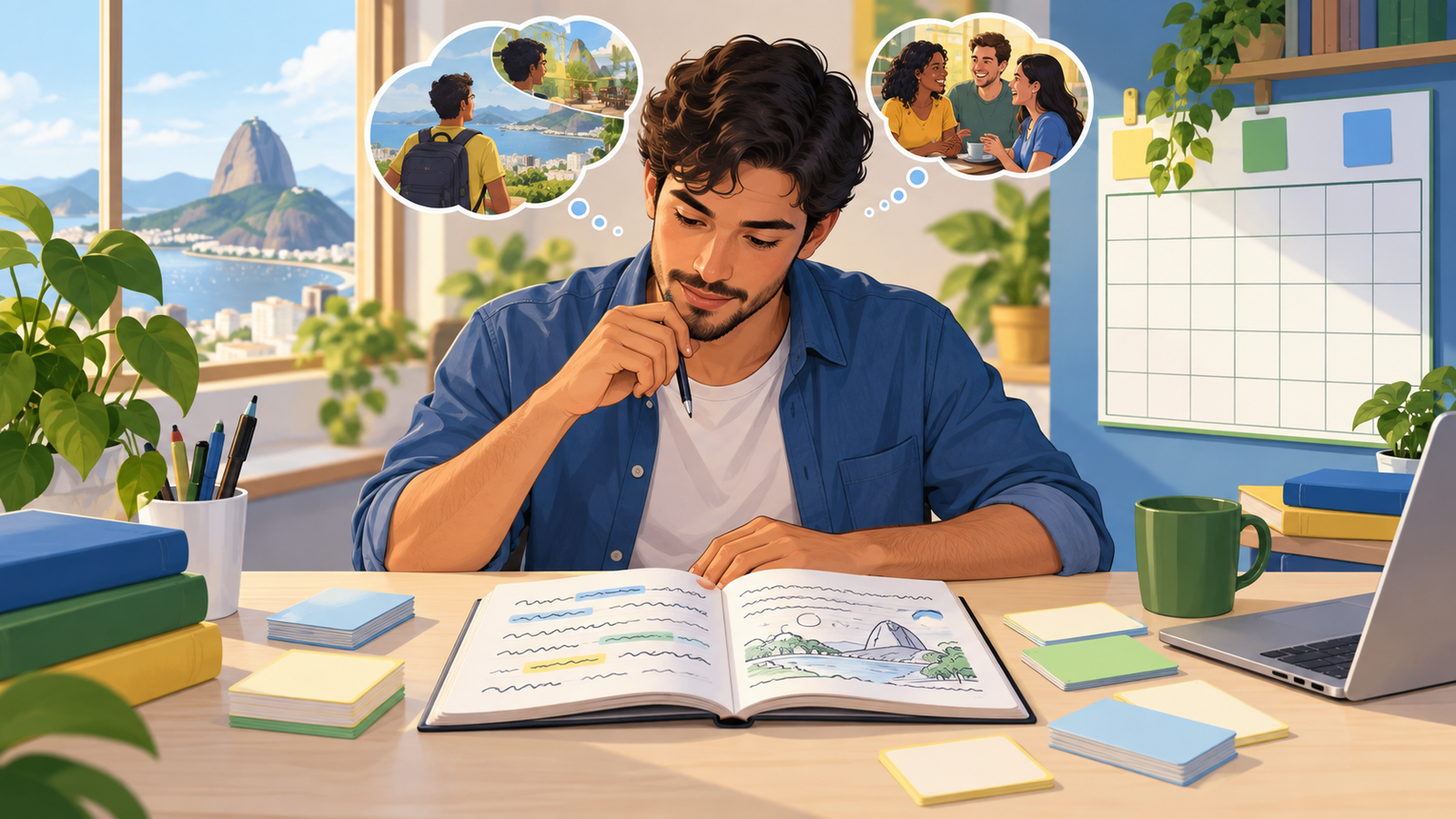 Estudante analisa uma frase em inglês no caderno com cartões e calendário de revisão.