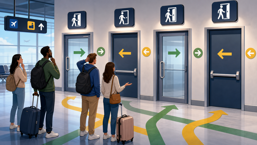 Corredor de aeroporto com portas, setas e pictogramas de orientação