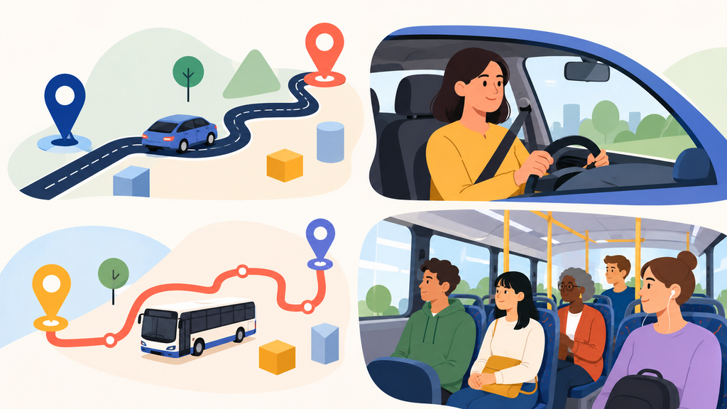 Cenas que contrastam o meio de transporte com a presença dentro de carro e ônibus.