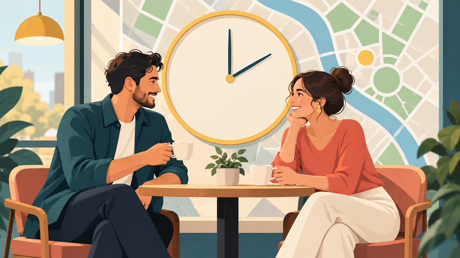 Duas pessoas com relógio e local de encontro representando um arrangement futuro confirmado.