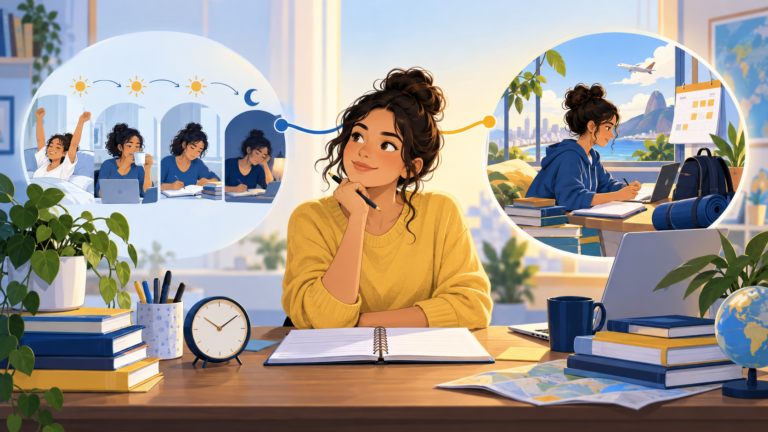 Ilustração de estudante comparando uma rotina e uma fase temporária para entender o present continuous.