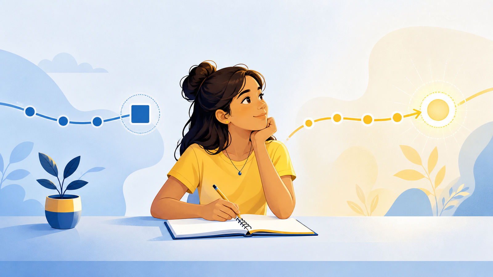 Estudante compara uma linha do tempo encerrada e outra que alcança o presente para escolher entre Present Perfect ou Simple Past.