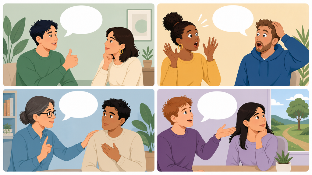 Quatro conversas representam confirmação, surpresa, correção e mudança de assunto com actually.