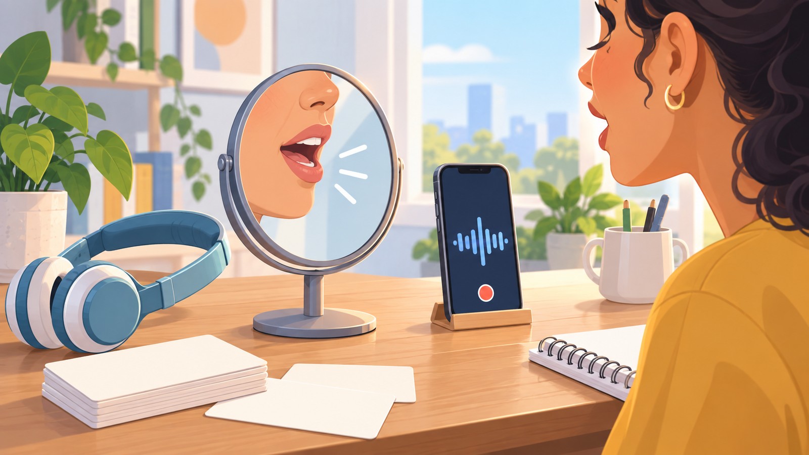 Materiais de prática de pronúncia: fones, espelho, cartões e celular para gravar áudio.