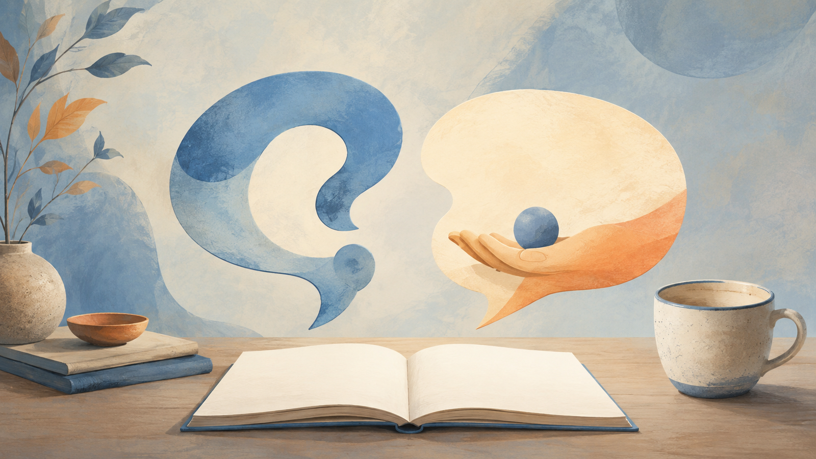 Ilustração de balões de fala e uma xícara para explicar perguntas em inglês.