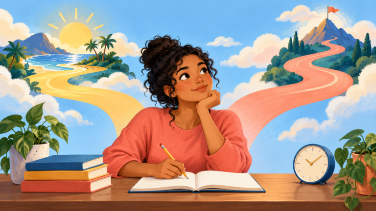 Estudante analisando will ou going to em dois caminhos que representam escolhas de futuro em inglês.